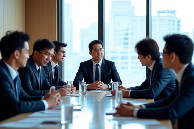 Chrono Kenshinのリーダーシップチームが東京のモダンオフィスで戦略について活発に議論している様子